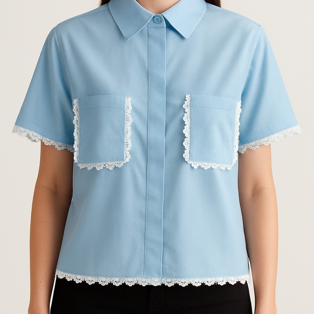 NWT Junior's Large Blue Lace Accent Collared Crop Top